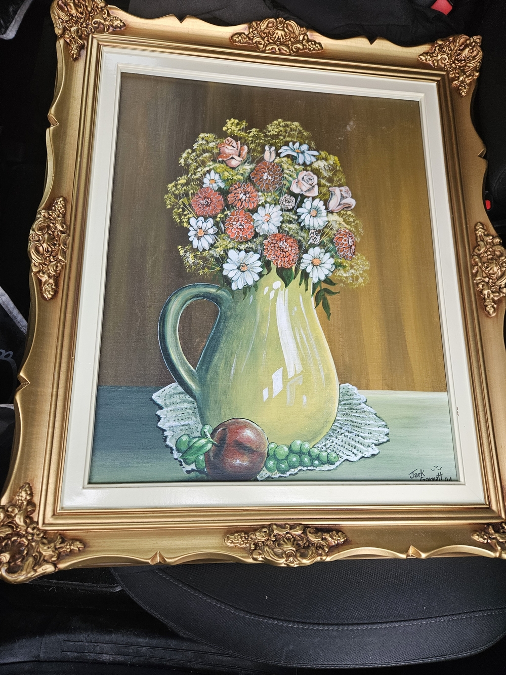 Framed Still Life Painting with Yellow Pitcher and Floral Bouquet